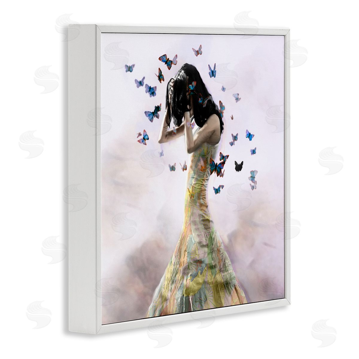 Christopher Cuseo Ethereal Woman Yellow Gown Flying Blue Butterflies  White Framed Glicee Wall Art Print