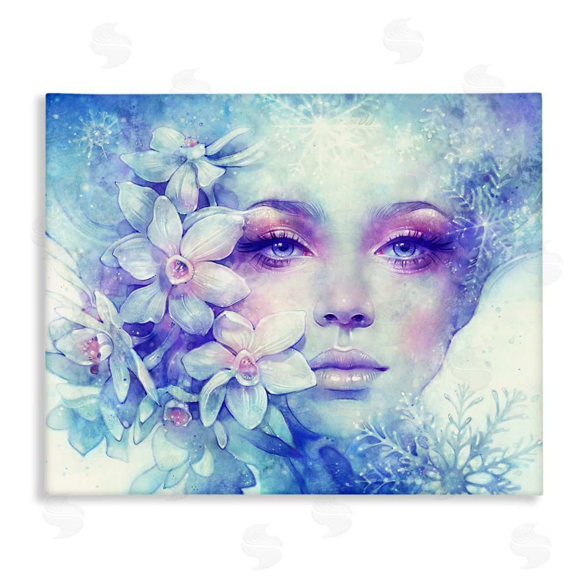 Anna Dittman Detailed Woman Purple Makeup Floral Bouquet Snowflakes Stretched Canvas Wall Art Print