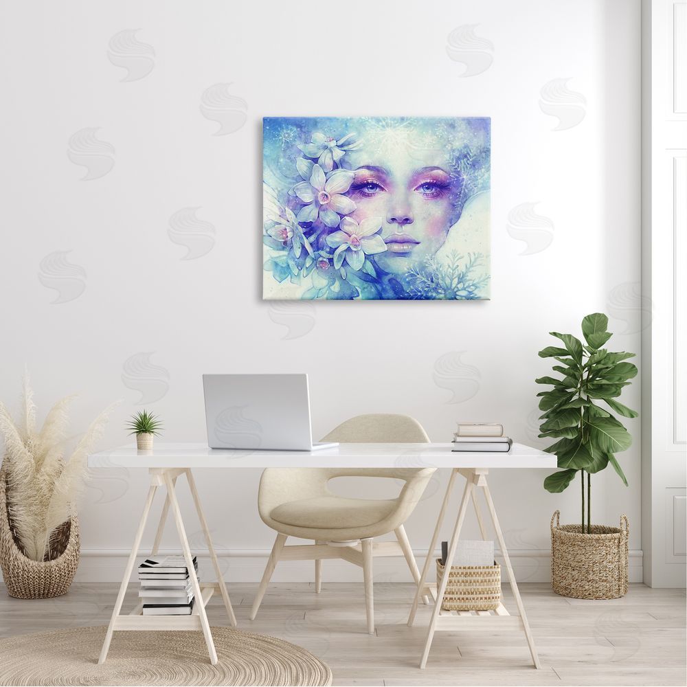 Anna Dittman Detailed Woman Purple Makeup Floral Bouquet Snowflakes Canvas Wall Art Print in Room