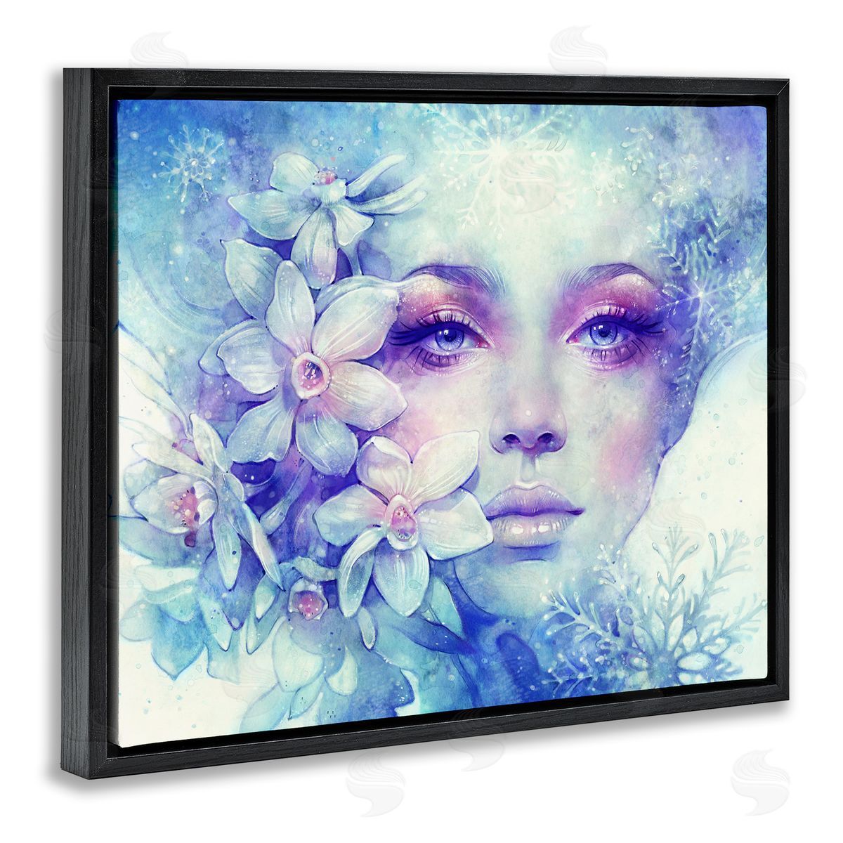 Anna Dittman Detailed Woman Purple Makeup Floral Bouquet Snowflakes Black Floating Frame Canvas Wall Art Print