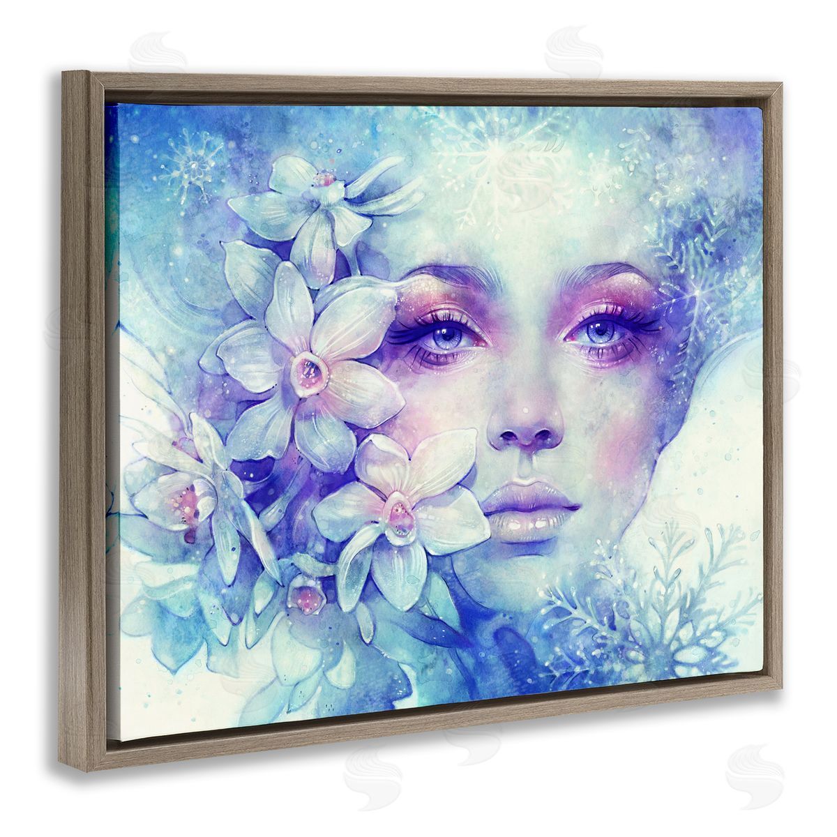 Anna Dittman Detailed Woman Purple Makeup Floral Bouquet Snowflakes Brown Floating Frame Canvas Wall Art Print
