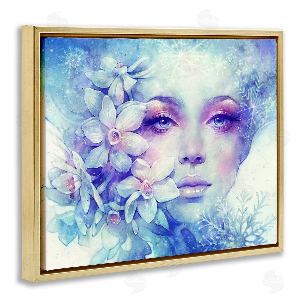 Anna Dittman Detailed Woman Purple Makeup Floral Bouquet Snowflakes Gold Floating Frame Canvas Wall Art Print