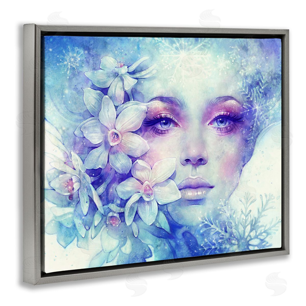 Anna Dittman Detailed Woman Purple Makeup Floral Bouquet Snowflakes Gray Floating Frame Canvas Wall Art Print