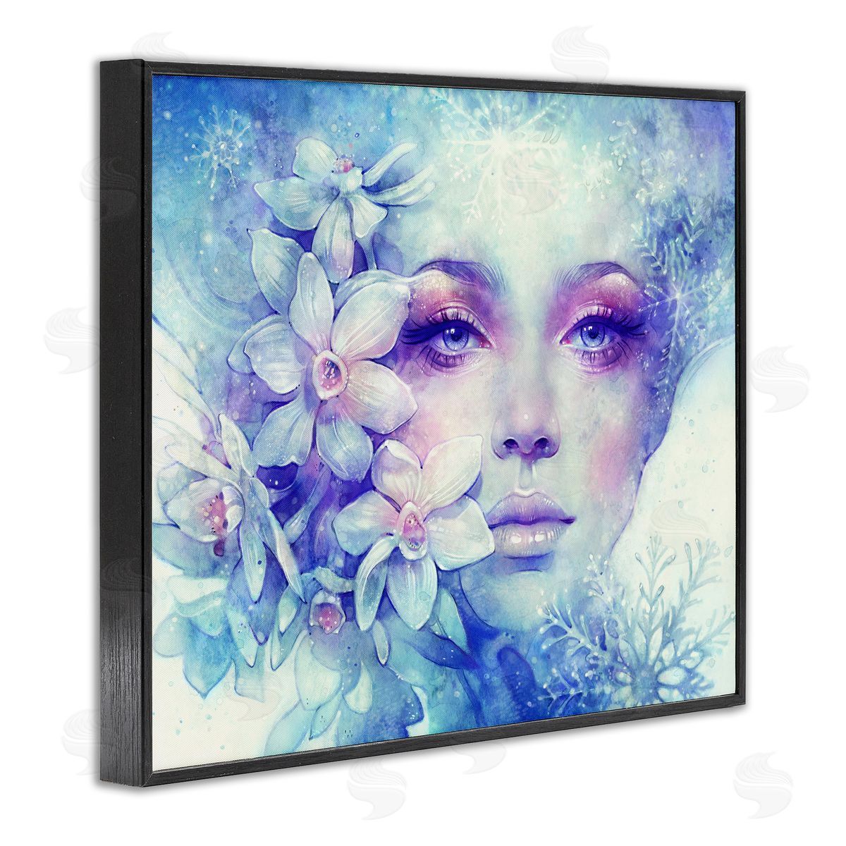 Anna Dittman Detailed Woman Purple Makeup Floral Bouquet Snowflakes Black Framed Giclee Wall Art Print