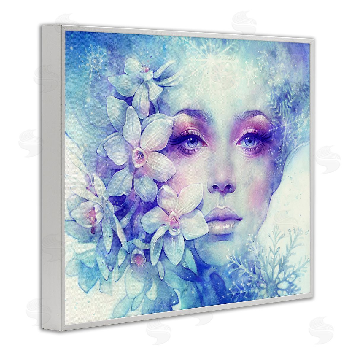 Anna Dittman Detailed Woman Purple Makeup Floral Bouquet Snowflakes White Framed Giclee Wall Art Print