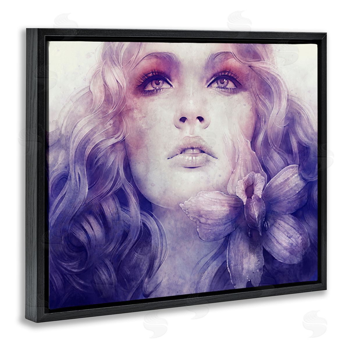 Anna Dittman Vivid Purple Flower Blossom Woman Flowing Hair Black Floating Frame Canvas Wall Art Print