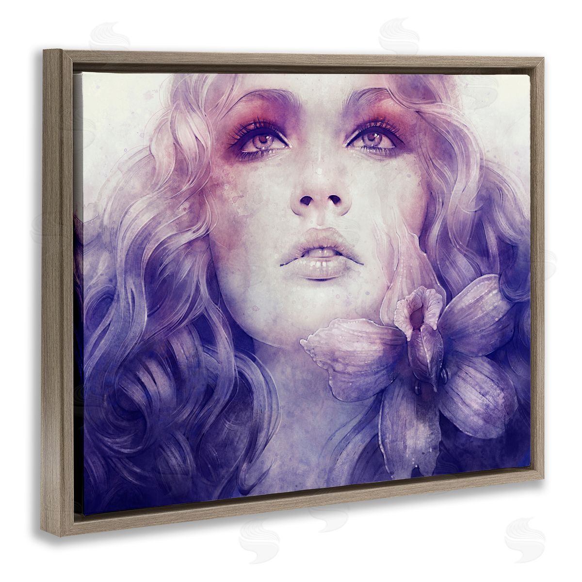 Anna Dittman Vivid Purple Flower Blossom Woman Flowing Hair Brown Floating Frame Canvas Wall Art Print