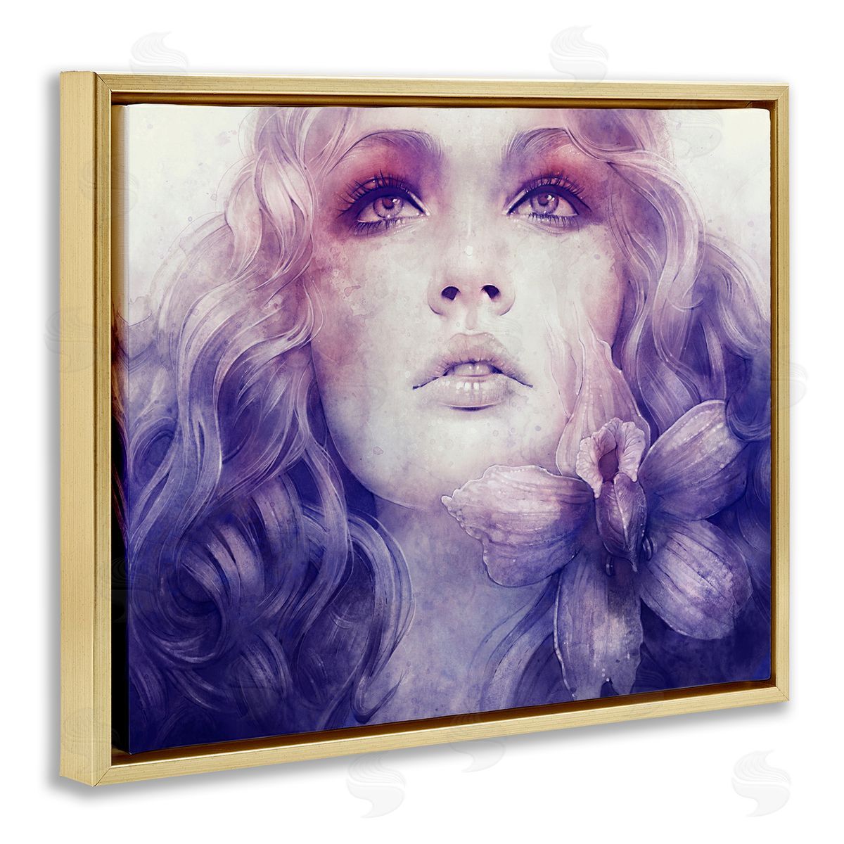 Anna Dittman Vivid Purple Flower Blossom Woman Flowing Hair Gold Floating Frame Canvas Wall Art Print