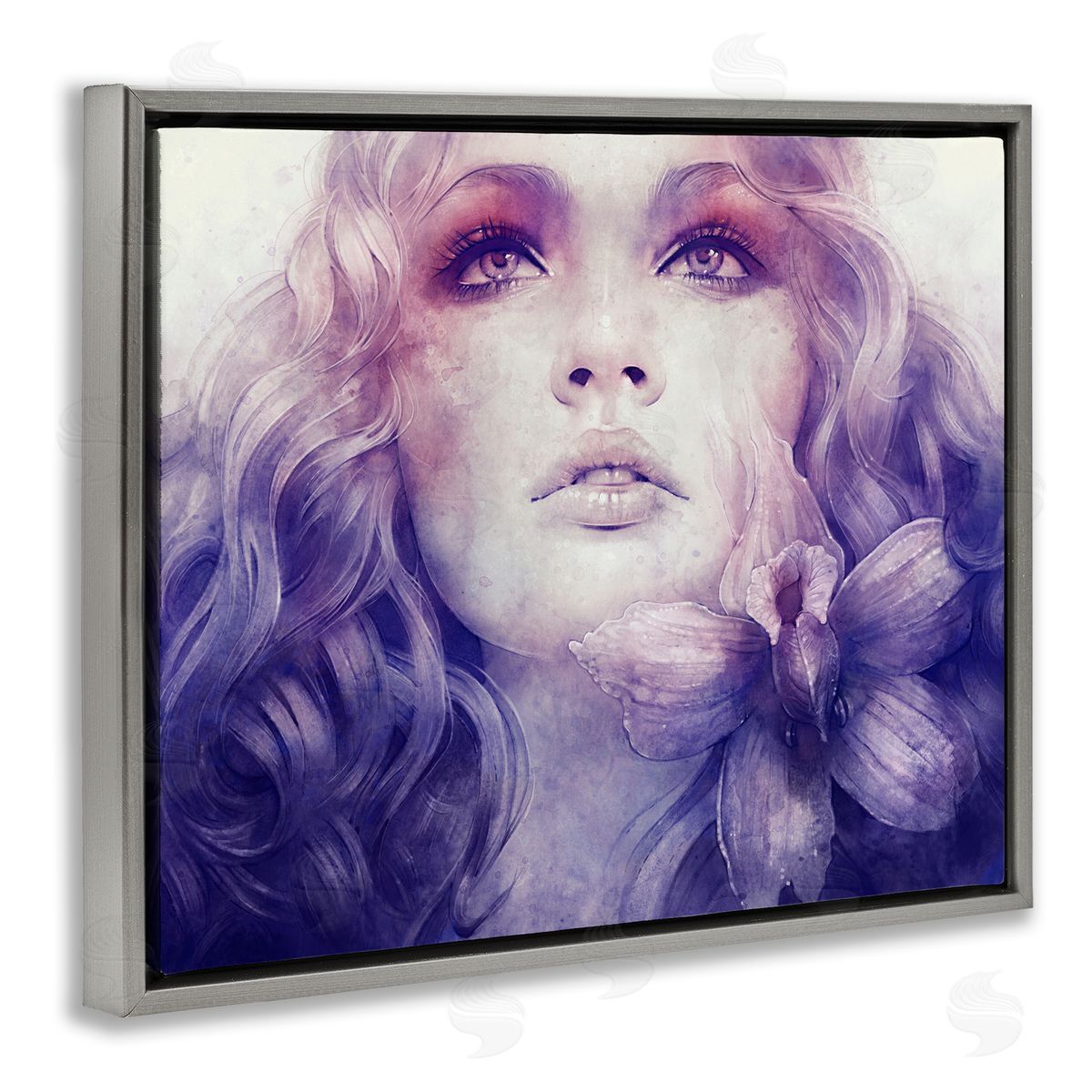 Anna Dittman Vivid Purple Flower Blossom Woman Flowing Hair Gray Floating Frame Canvas Wall Art Print