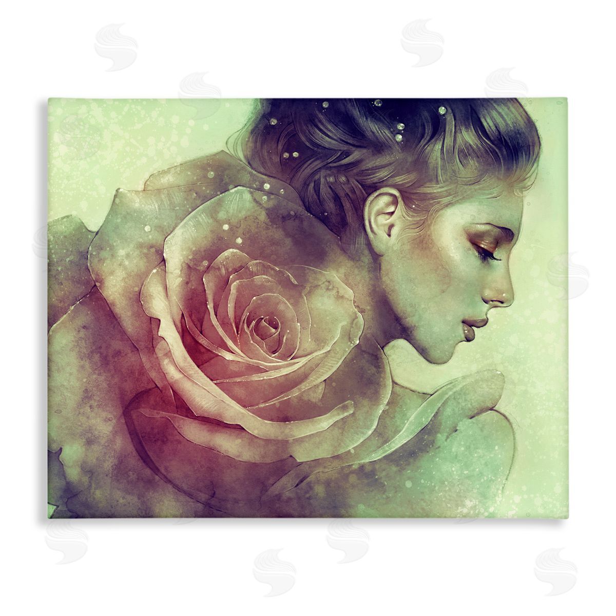 Anna Dittman Detailed Woman Portrait Layered Pink Rose Blossom  Stretched Canvas Wall Art Print