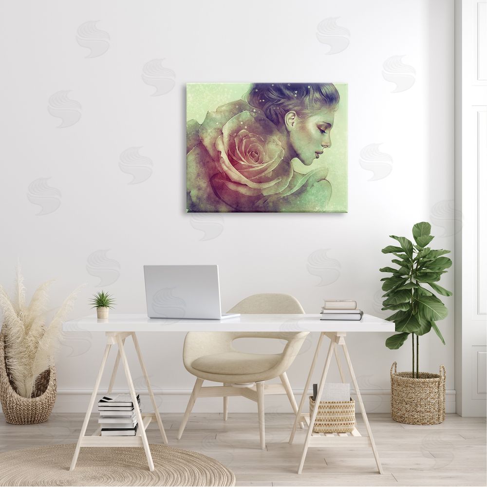 Anna Dittman Detailed Woman Portrait Layered Pink Rose Blossom  Canvas Wall Art Print in Room