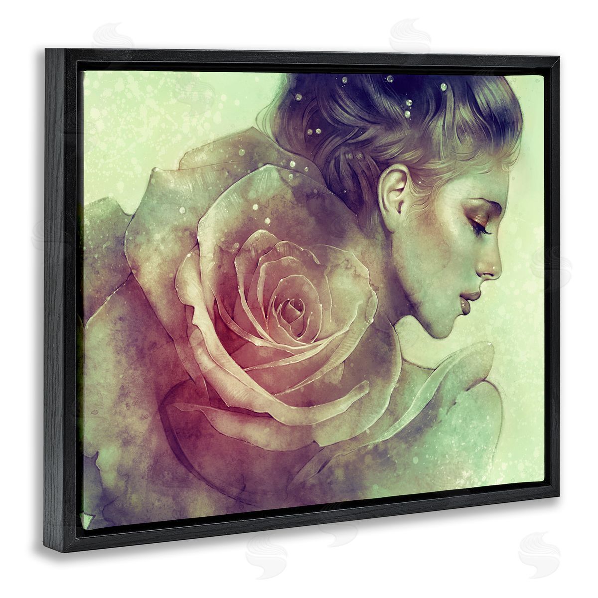 Anna Dittman Detailed Woman Portrait Layered Pink Rose Blossom  Black Floating Frame Canvas Wall Art Print