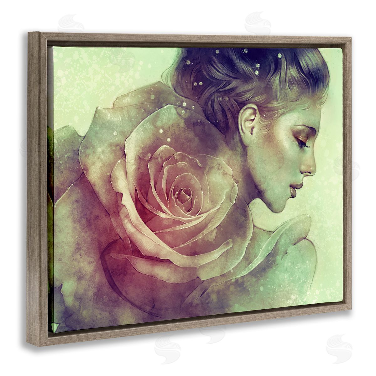 Anna Dittman Detailed Woman Portrait Layered Pink Rose Blossom  Brown Floating Frame Canvas Wall Art Print