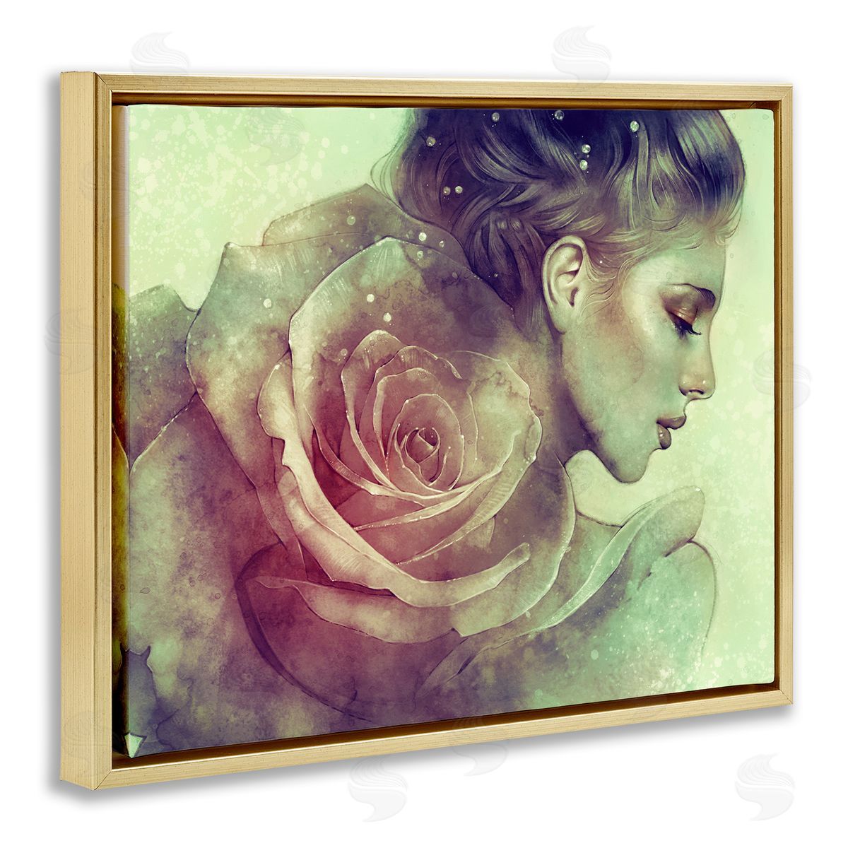 Anna Dittman Detailed Woman Portrait Layered Pink Rose Blossom  Gold Floating Frame Canvas Wall Art Print
