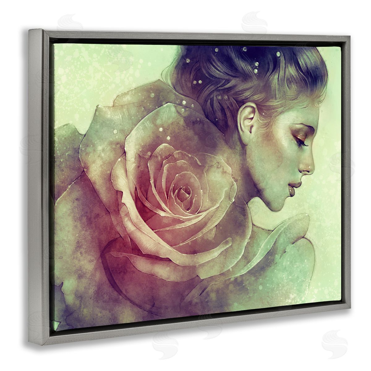 Anna Dittman Detailed Woman Portrait Layered Pink Rose Blossom  Gray Floating Frame Canvas Wall Art Print