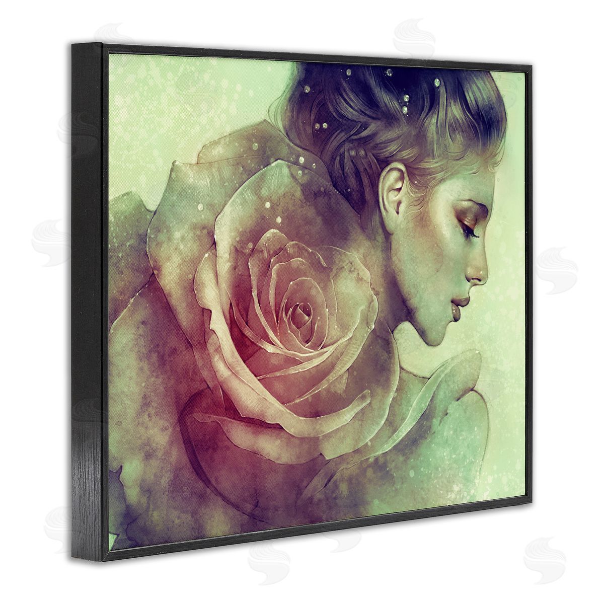 Anna Dittman Detailed Woman Portrait Layered Pink Rose Blossom  Black Framed Giclee Wall Art Print