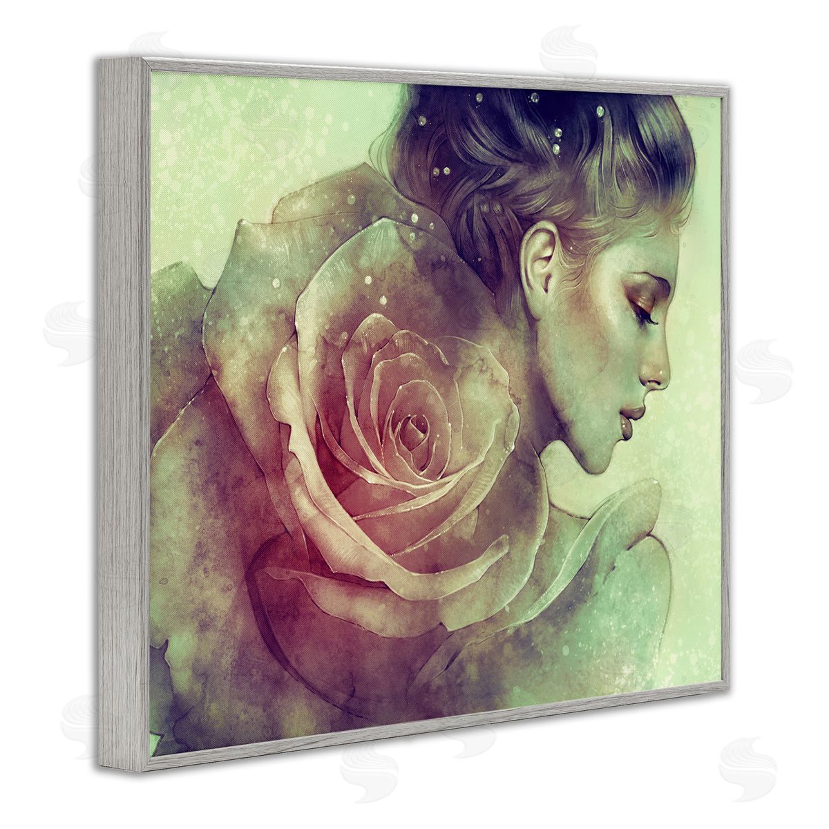 Anna Dittman Detailed Woman Portrait Layered Pink Rose Blossom  Gray Framed Giclee Wall Art Print