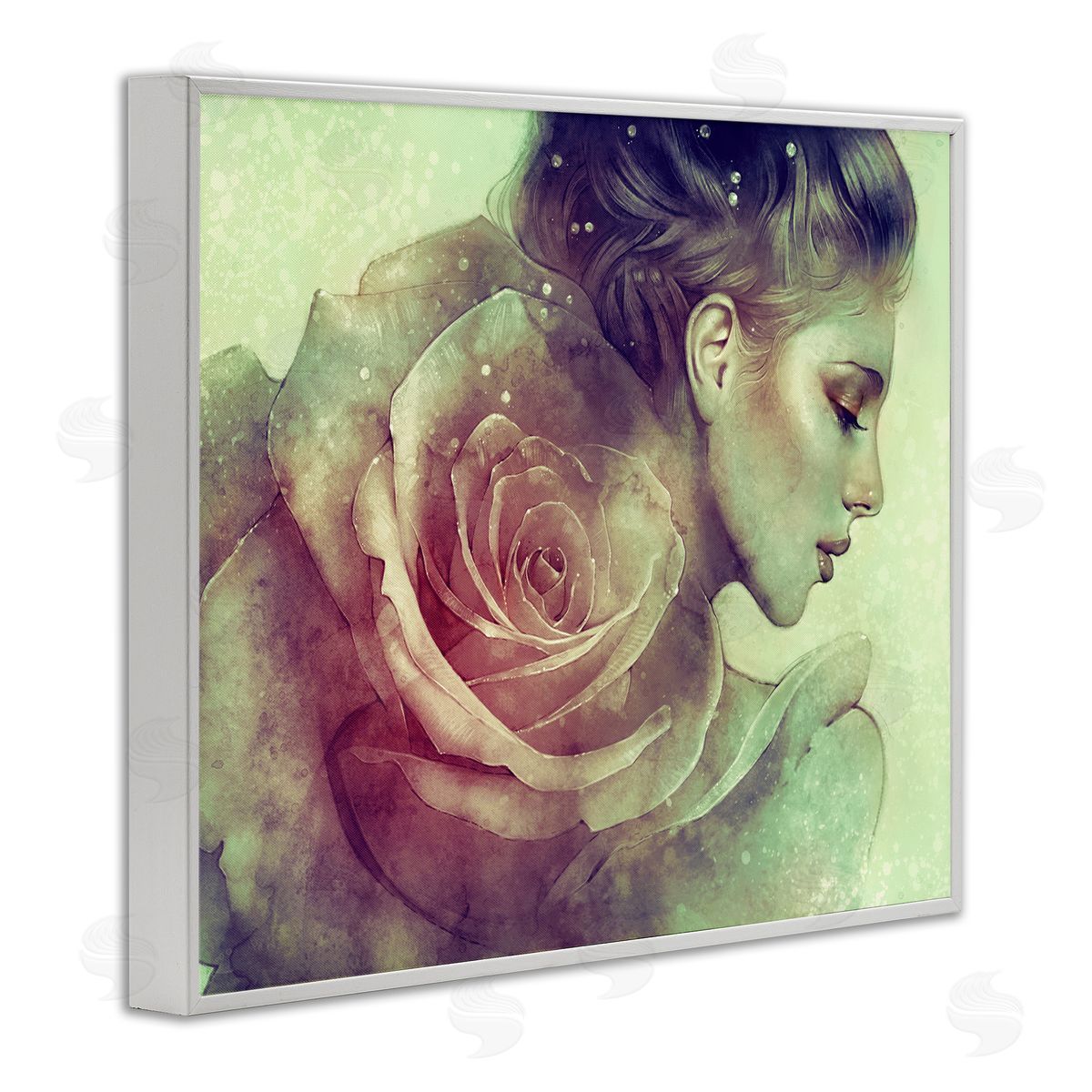 Anna Dittman Detailed Woman Portrait Layered Pink Rose Blossom  White Framed Giclee Wall Art Print