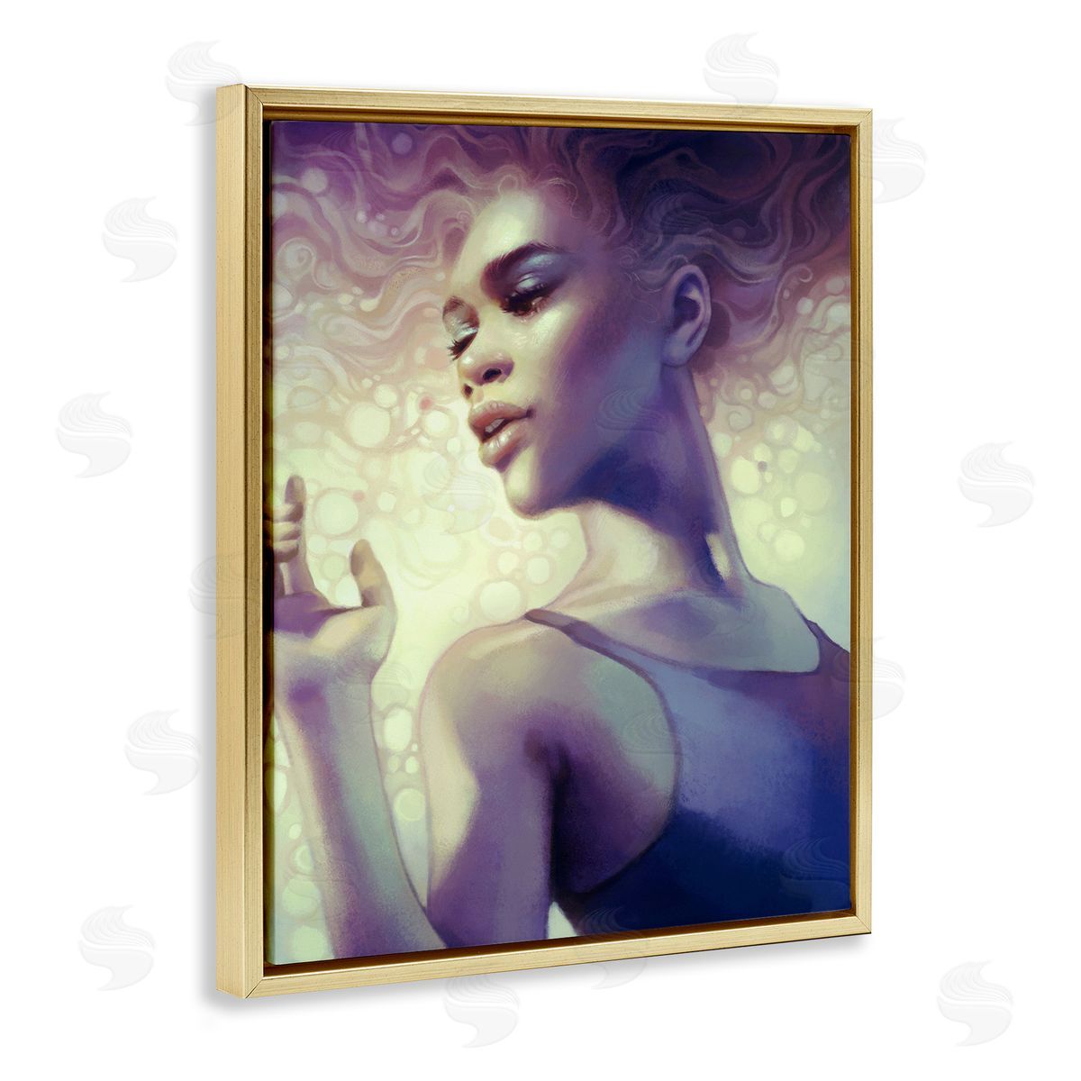 Anna Dittman Elegant Woman Curly Hair Flowing Purple Portrait  Gold Floating Frame Canvas Wall Art Print