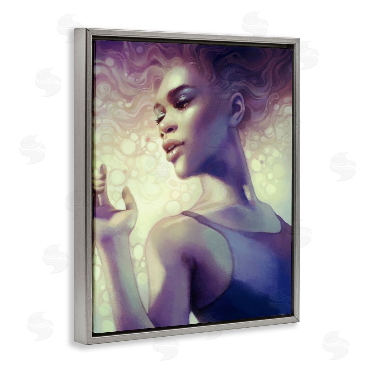 Anna Dittman Elegant Woman Curly Hair Flowing Purple Portrait  Gray Floating Frame Canvas Wall Art Print