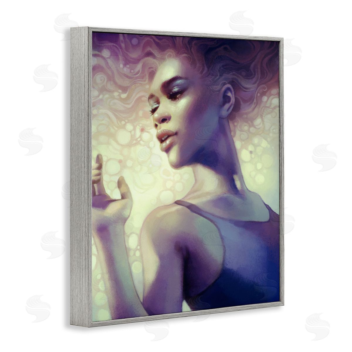 Anna Dittman Elegant Woman Curly Hair Flowing Purple Portrait  Gray Framed Giclee Wall Art Print