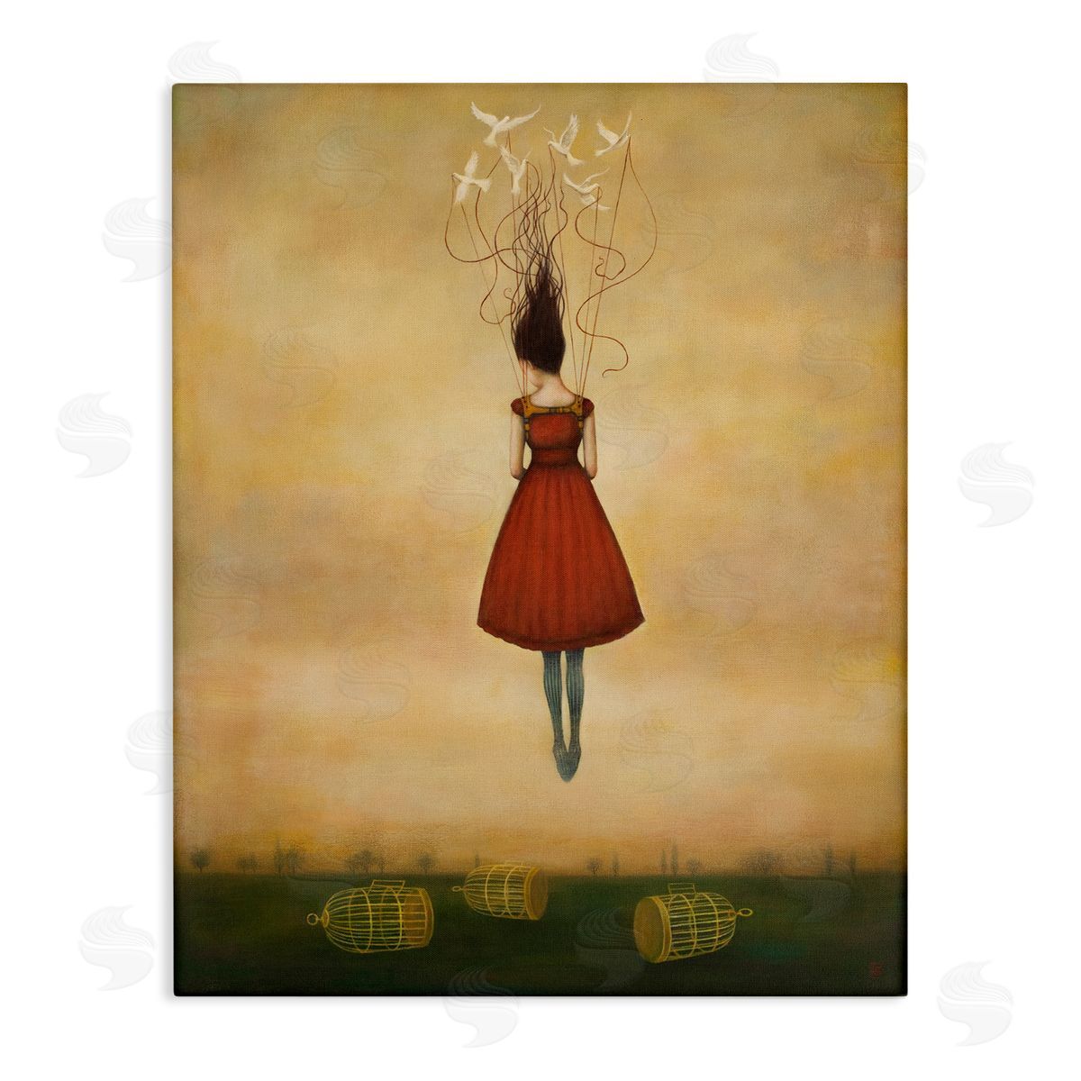 Duy Huynh Woman Floating Birdcage Doves Red Dress Surreal Stretched Canvas Wall Art Print