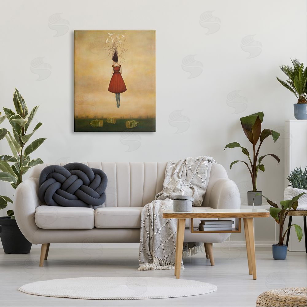 Duy Huynh Woman Floating Birdcage Doves Red Dress Surreal Canvas Wall Art Print in Room