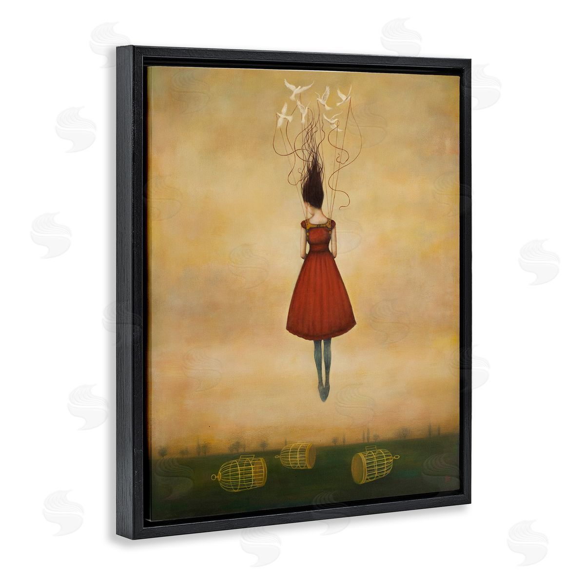 Duy Huynh Woman Floating Birdcage Doves Red Dress Surreal Black Floating Frame Canvas Wall Art Print