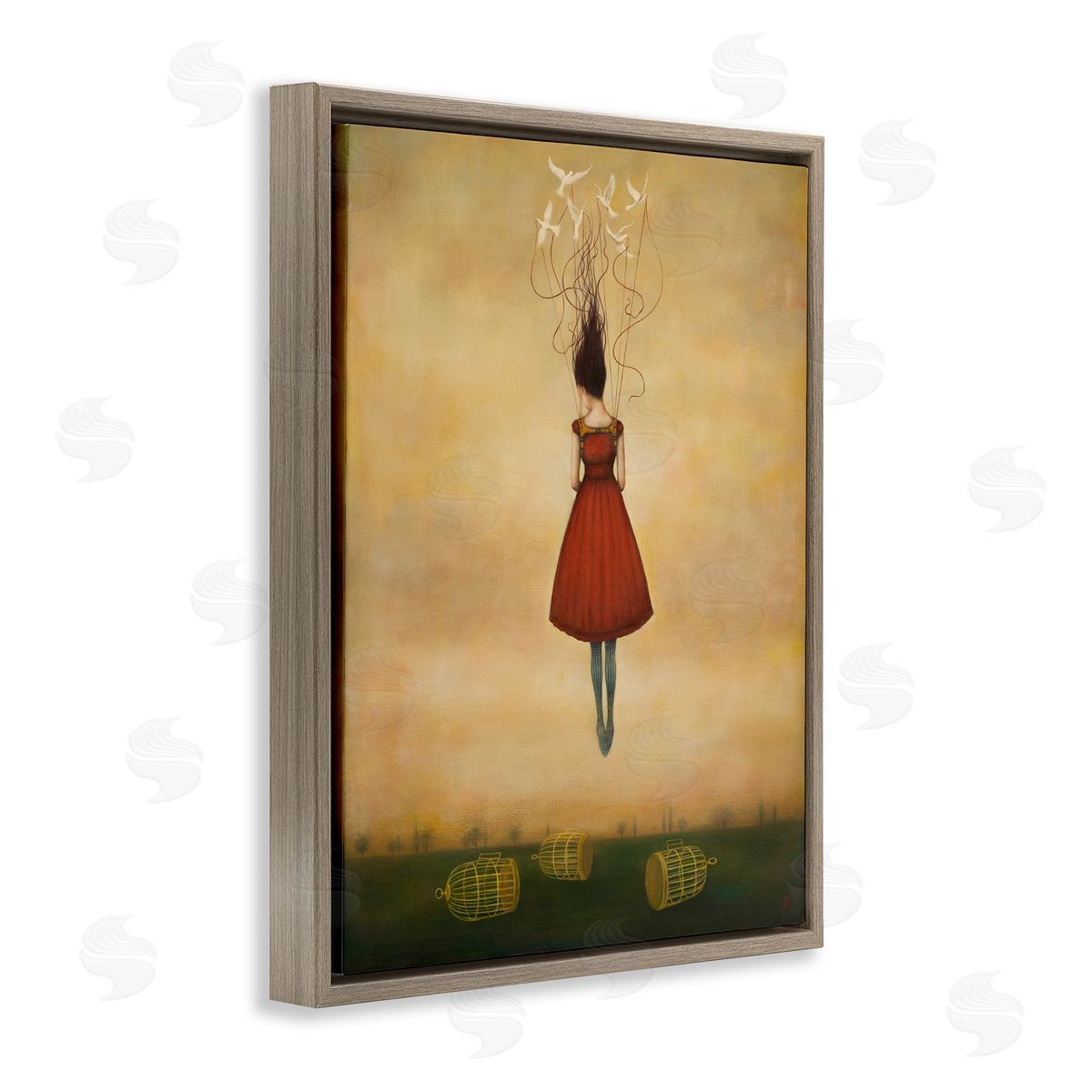 Duy Huynh Woman Floating Birdcage Doves Red Dress Surreal Brown Floating Frame Canvas Wall Art Print