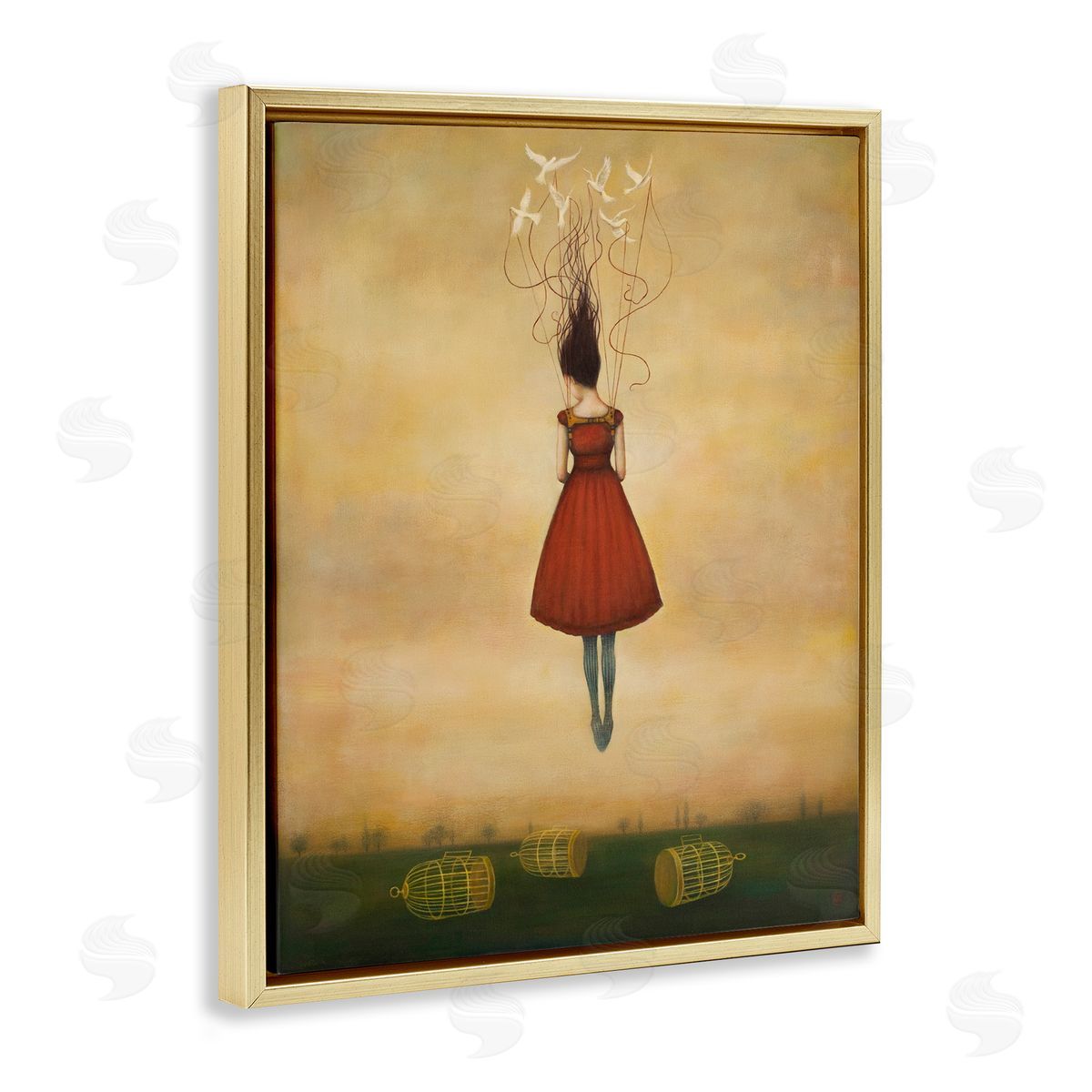 Duy Huynh Woman Floating Birdcage Doves Red Dress Surreal Gold Floating Frame Canvas Wall Art Print