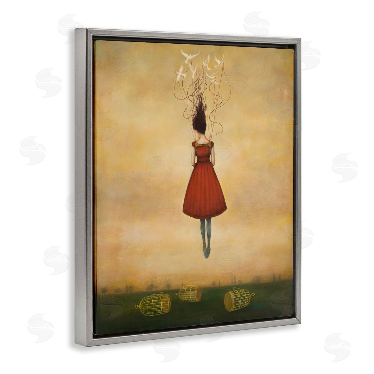 Duy Huynh Woman Floating Birdcage Doves Red Dress Surreal Gray Floating Frame Canvas Wall Art Print