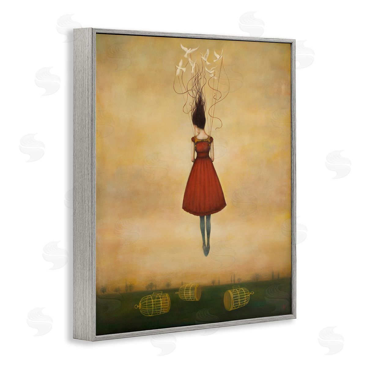 Duy Huynh Woman Floating Birdcage Doves Red Dress Surreal Gray Framed Giclee Wall Art Print