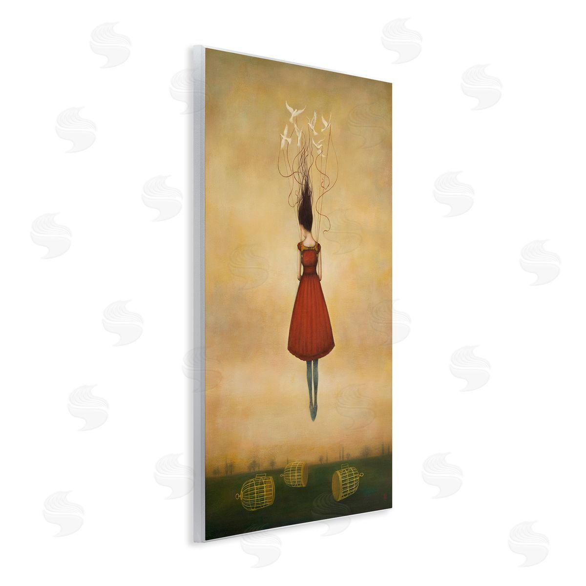 Duy Huynh Woman Floating Birdcage Doves Red Dress Surreal Wall Plaque Art Print