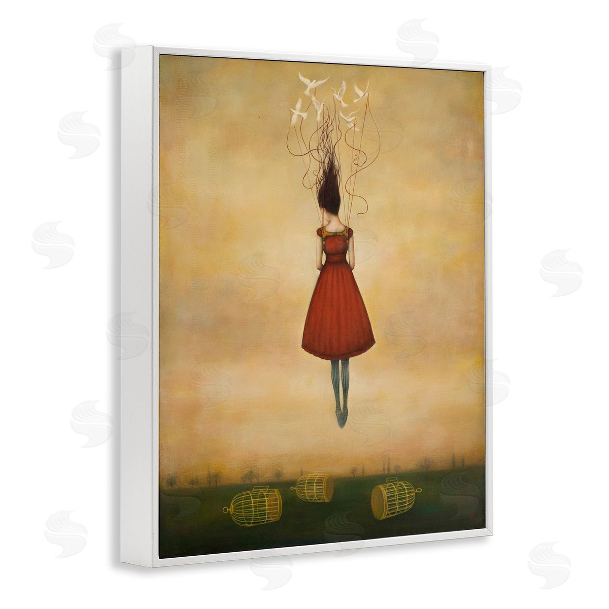 Duy Huynh Woman Floating Birdcage Doves Red Dress Surreal White Framed Giclee Wall Art Print