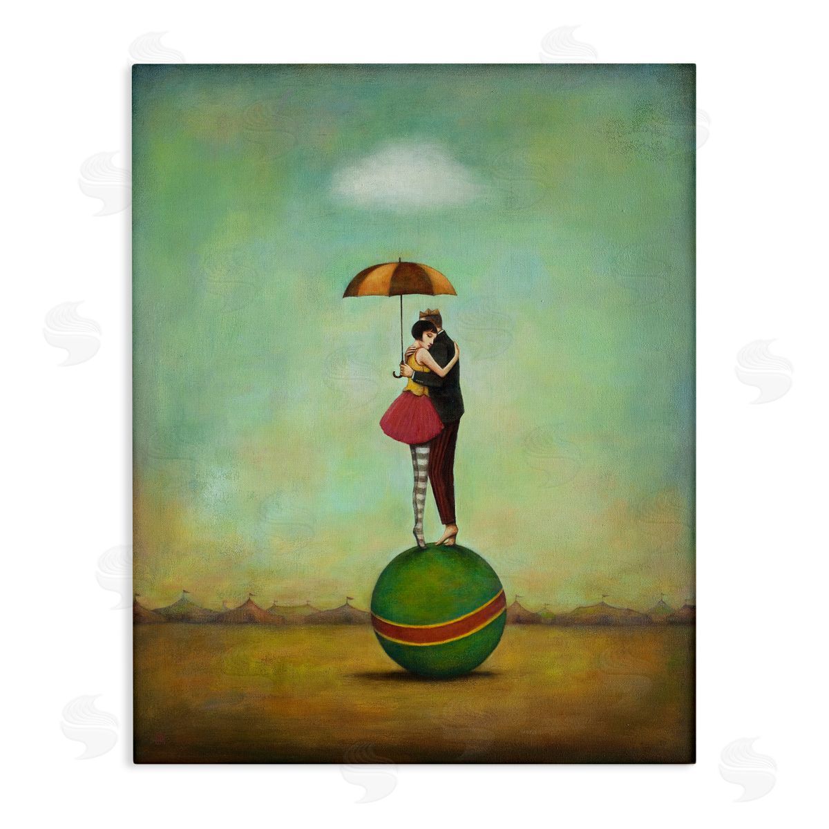 Duy Huynh Surreal People & Umbrella Balancing Green Striped Ball  Stretched Canvas Wall Art Print