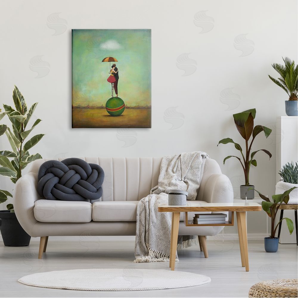Duy Huynh Surreal People & Umbrella Balancing Green Striped Ball  Canvas Wall Art Print in Room
