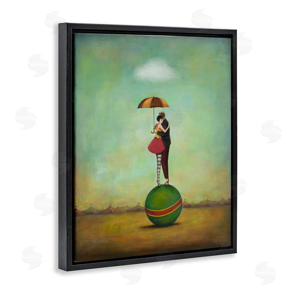 Duy Huynh Surreal People & Umbrella Balancing Green Striped Ball  Black Floating Frame Canvas Wall Art Print