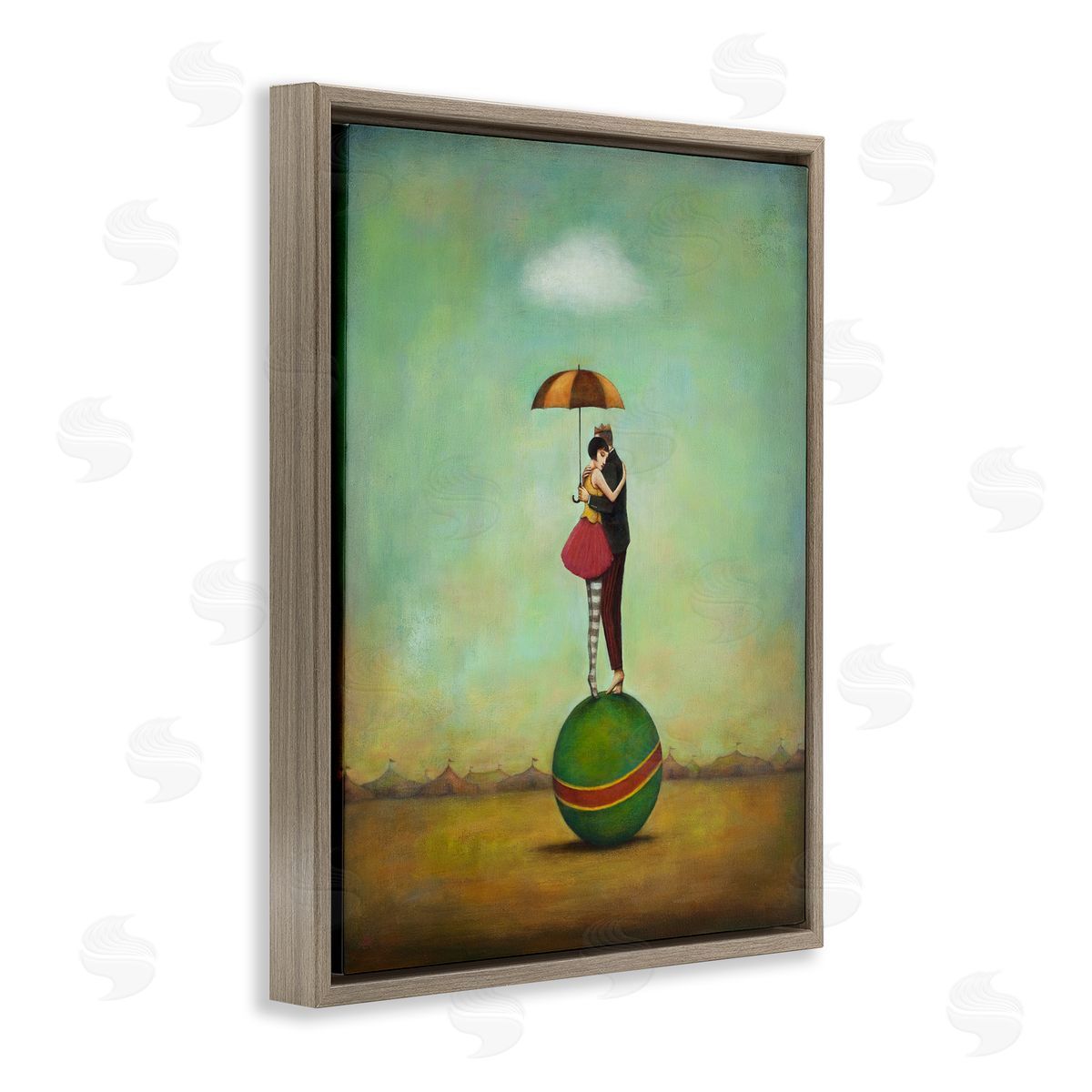 Duy Huynh Surreal People & Umbrella Balancing Green Striped Ball  Brown Floating Frame Canvas Wall Art Print