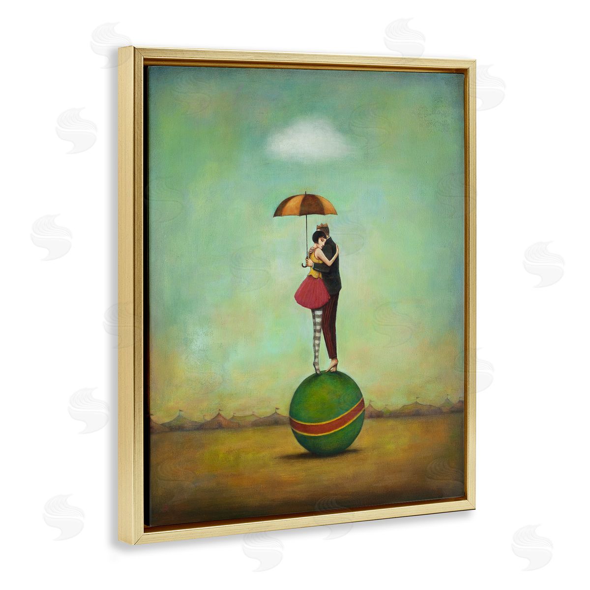 Duy Huynh Surreal People & Umbrella Balancing Green Striped Ball  Gold Floating Frame Canvas Wall Art Print