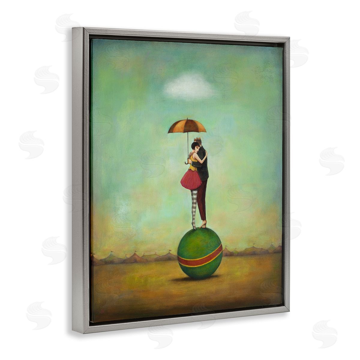 Duy Huynh Surreal People & Umbrella Balancing Green Striped Ball  Gray Floating Frame Canvas Wall Art Print