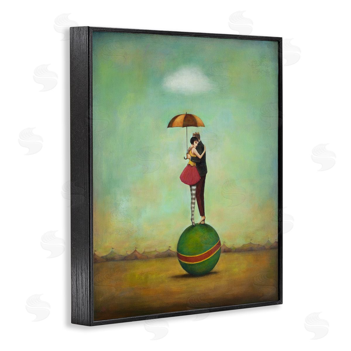 Duy Huynh Surreal People & Umbrella Balancing Green Striped Ball  Black Framed Giclee Wall Art Print