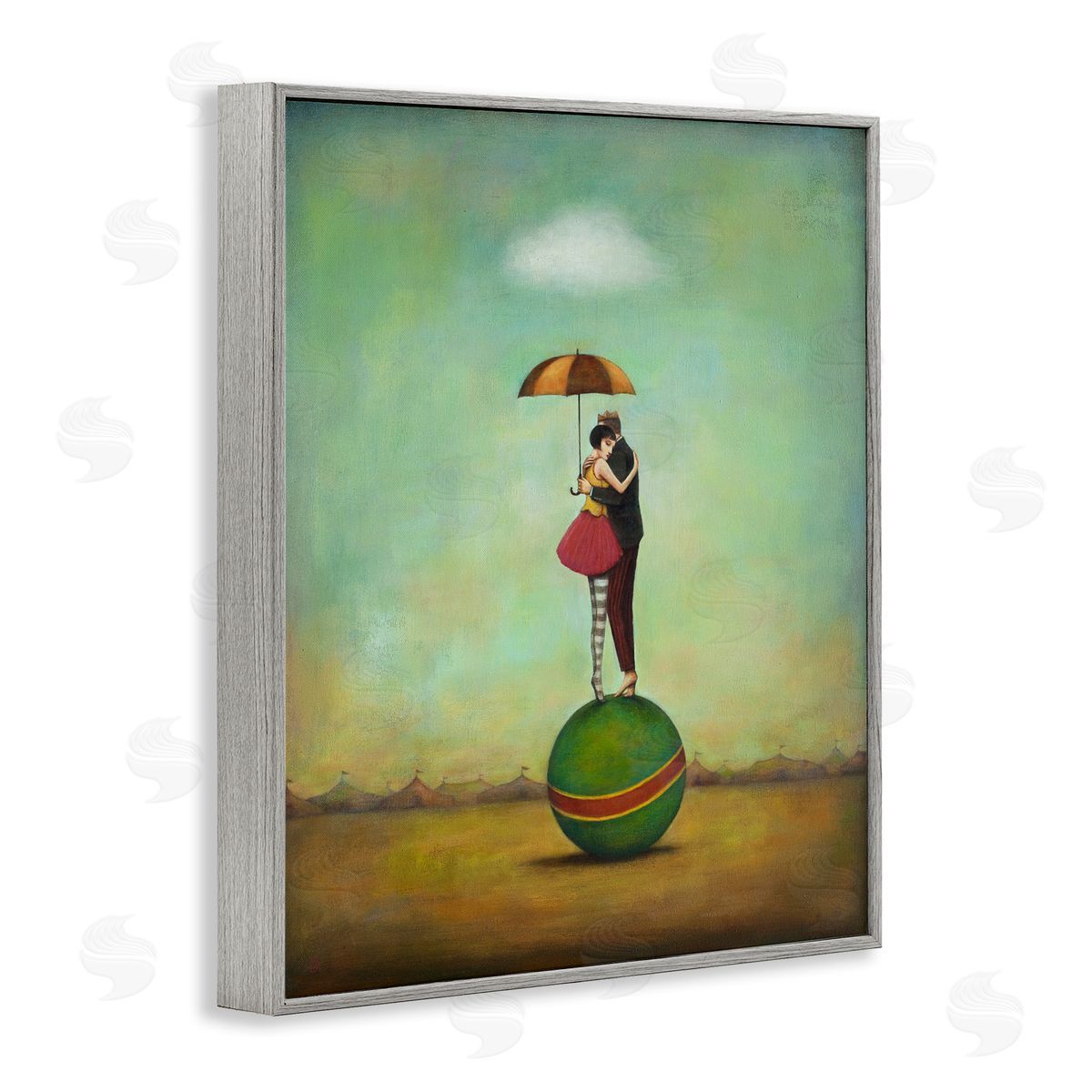 Duy Huynh Surreal People & Umbrella Balancing Green Striped Ball  Gray Framed Giclee Wall Art Print