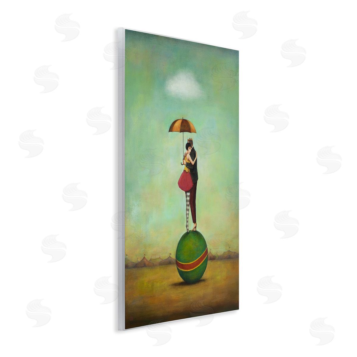 Duy Huynh Surreal People & Umbrella Balancing Green Striped Ball  Wall Plaque Art Print