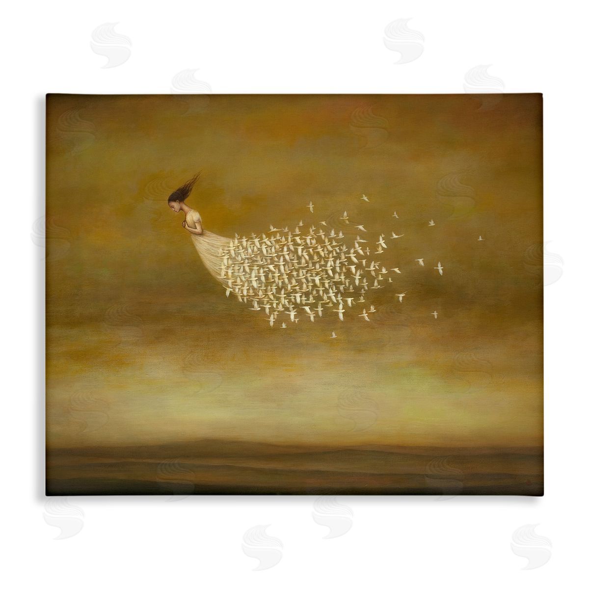 Duy Huynh Elegant Woman Flying Doves Birds Dress Ochre Sky  Stretched Canvas Wall Art Print