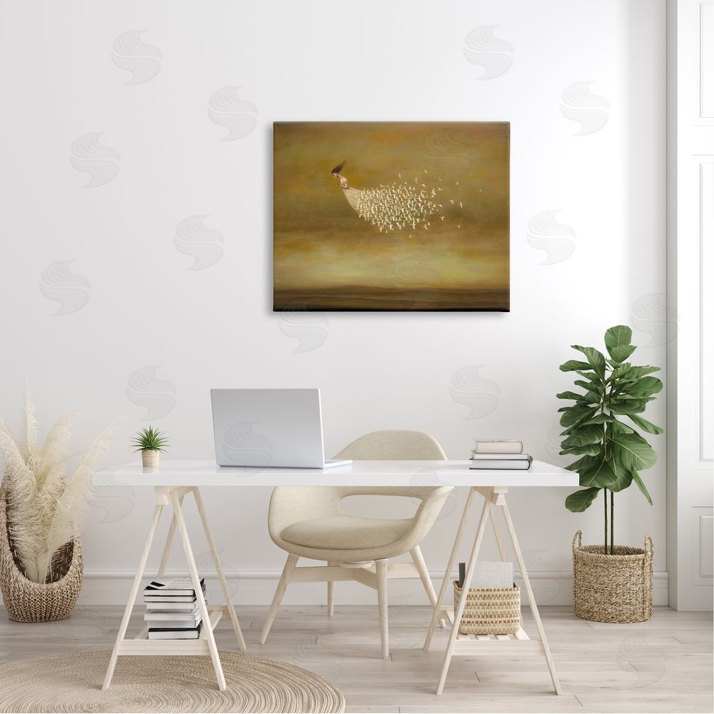 Duy Huynh Elegant Woman Flying Doves Birds Dress Ochre Sky  Canvas Wall Art Print in Room