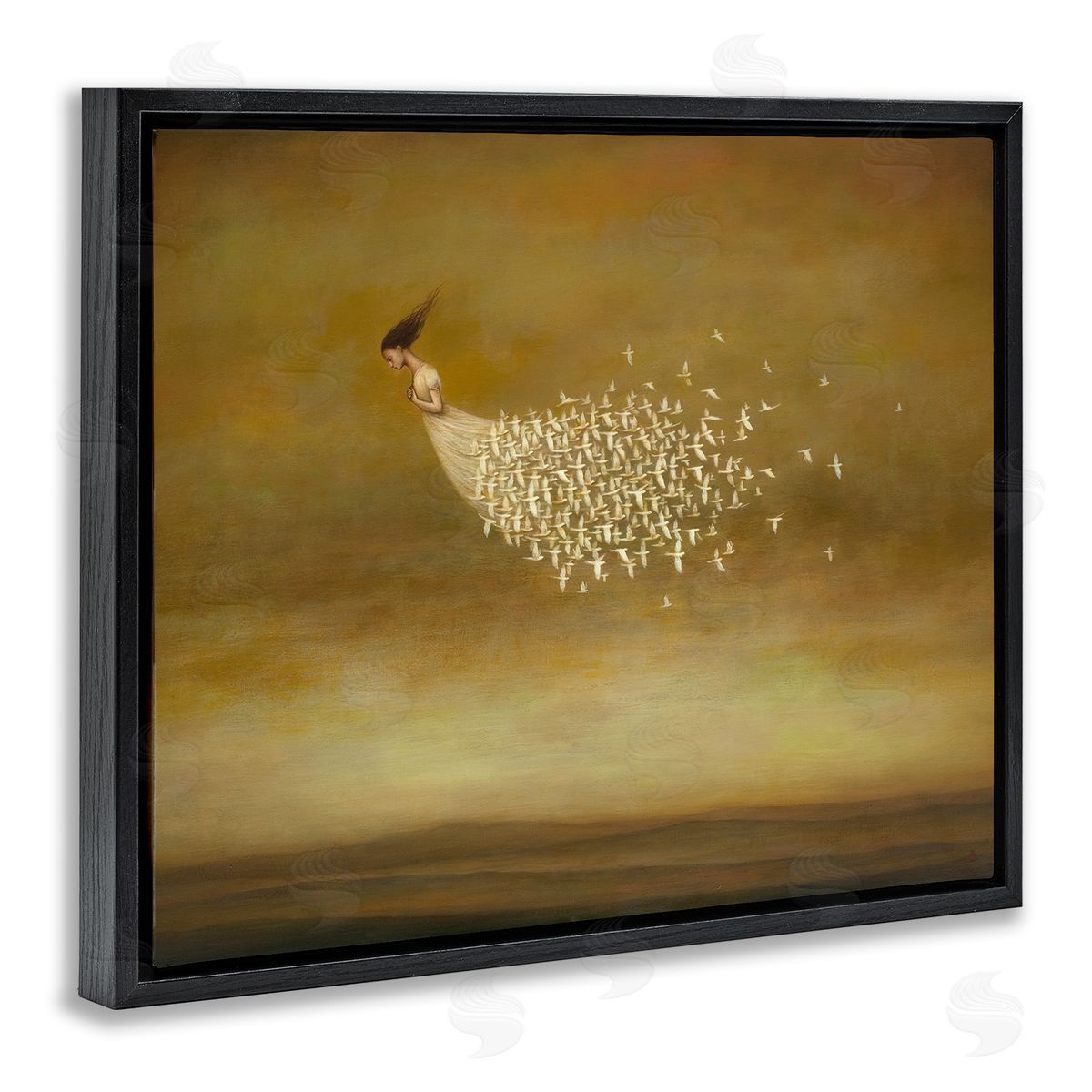 Duy Huynh Elegant Woman Flying Doves Birds Dress Ochre Sky  Black Floating Frame Canvas Wall Art Print