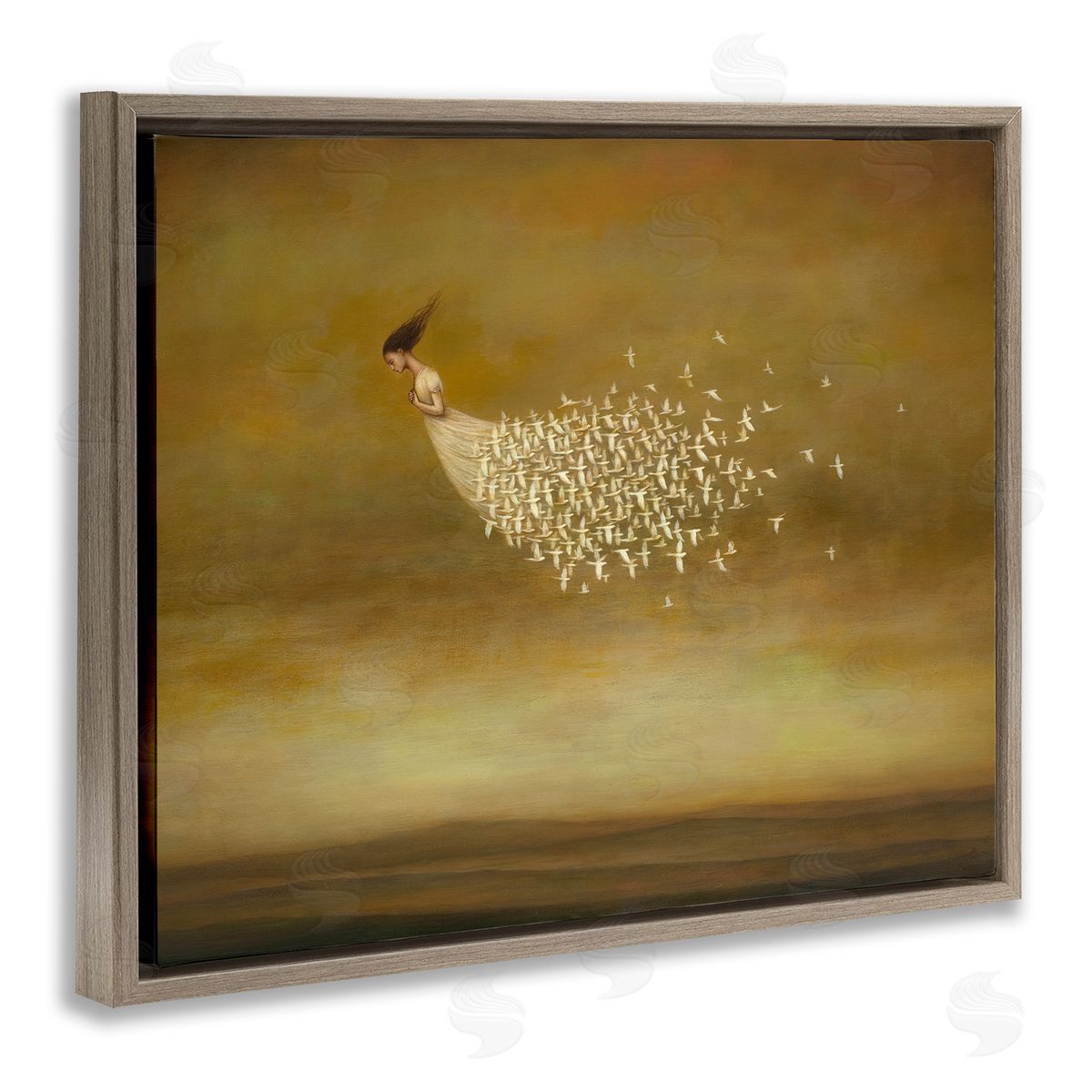 Duy Huynh Elegant Woman Flying Doves Birds Dress Ochre Sky  Brown Floating Frame Canvas Wall Art Print