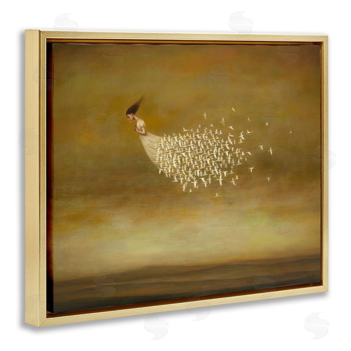 Duy Huynh Elegant Woman Flying Doves Birds Dress Ochre Sky  Gold Floating Frame Canvas Wall Art Print