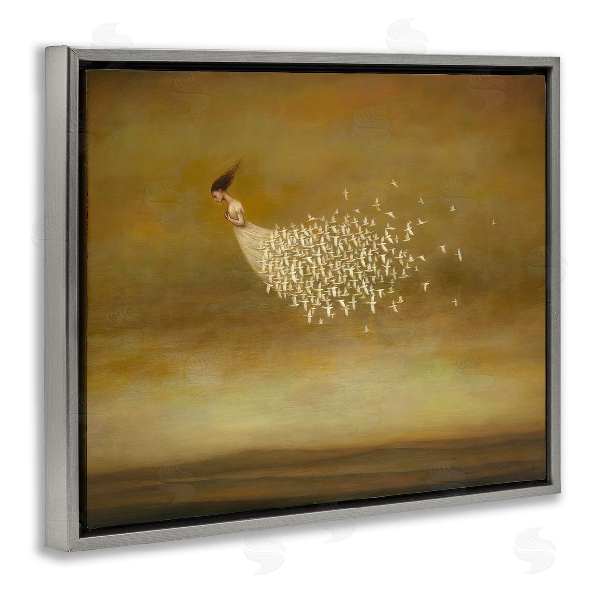Duy Huynh Elegant Woman Flying Doves Birds Dress Ochre Sky  Gray Floating Frame Canvas Wall Art Print