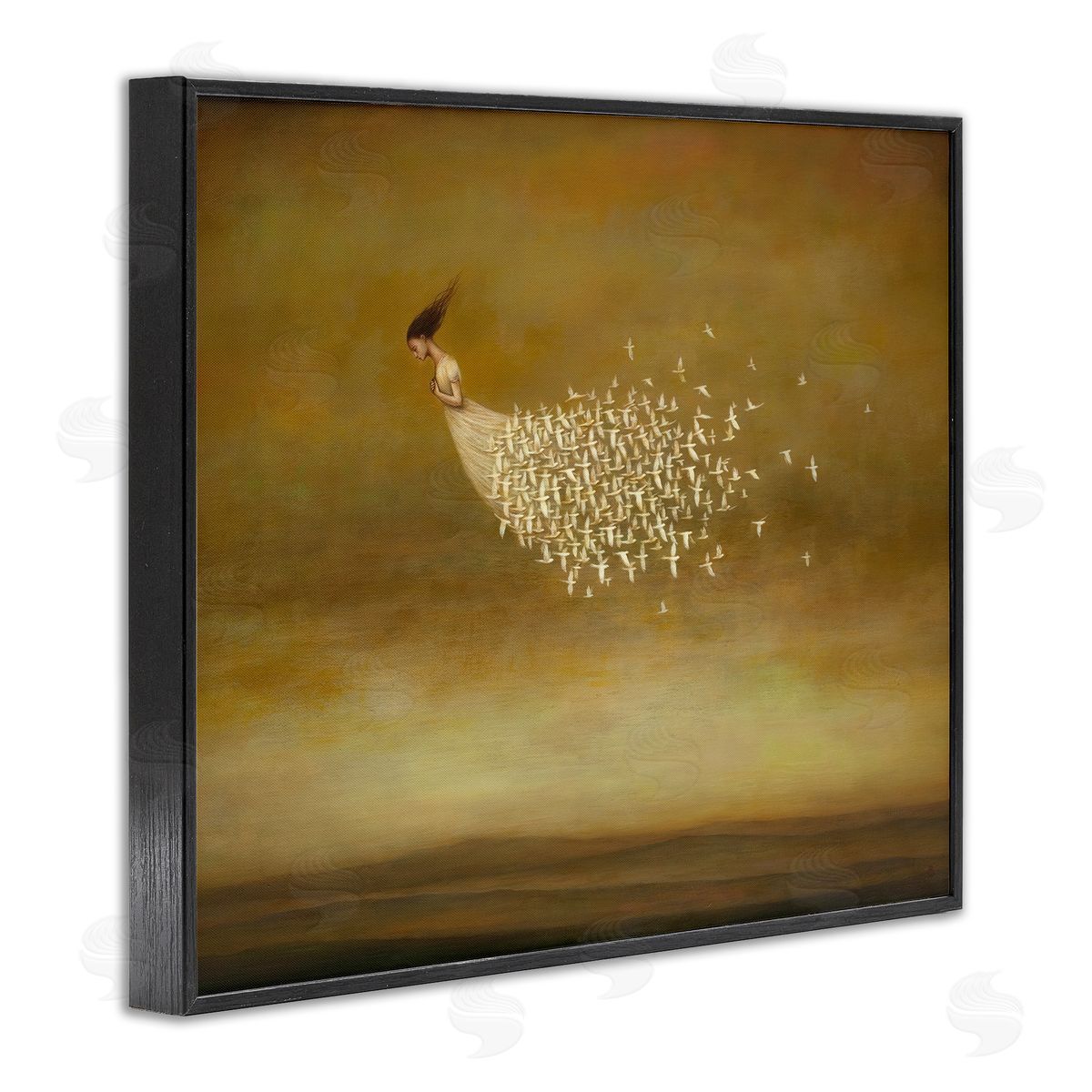 Duy Huynh Elegant Woman Flying Doves Birds Dress Ochre Sky  Black Framed Giclee Wall Art Print